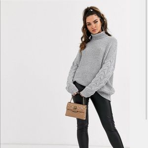 Misguided roll neck sweater with cable sleeves in grey